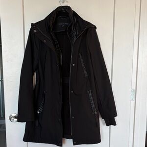 French Connection Black Hooded Coat with Quilted Trim Medium